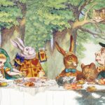 A painting of the mad hatter 's tea party.