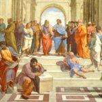 A painting of people in the middle of a room.