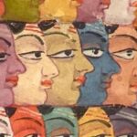 A painting of many different faces with different colors.