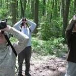 Three people are taking pictures in the woods.