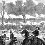 A black and white drawing of men on horses