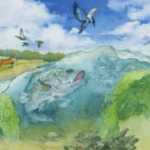 A painting of animals swimming in the water