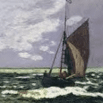 A painting of a boat in the ocean