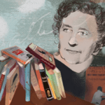 A painting of a man with many books