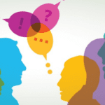 A group of people with speech bubbles above their heads.