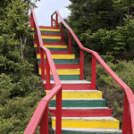 A red, yellow and green staircase going up the side of a hill.
