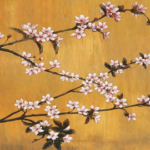 A painting of cherry blossoms on gold background.