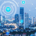 A city skyline with many connected wires and buildings.