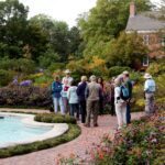A group of people standing around a garden.