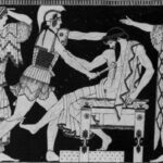 A black and white picture of an ancient greek scene.