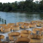 A bunch of wooden barrels on the side of a river